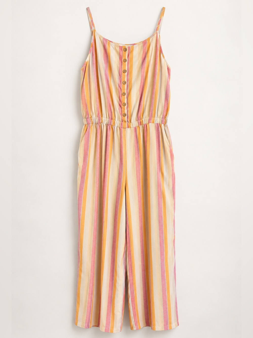 Matilda Jane Striped Sleeveless Button-Front Jumpsuit in Pink and Yellow